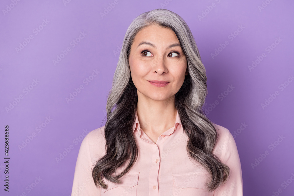 Portrait of attractive cheery minded wavy-haired woman overthinking copy space isolated over violet purple color background Portrait of attractive cheery minded wavy-haired woman overthinking copy space isolated over violet purple color background