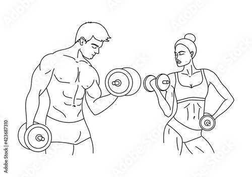 Muscle man and woman with dumbbells. Bodybuilders outline silhouette or sketch. Gym, workout, fitness, powerlifting logo concept. Vector illustration.