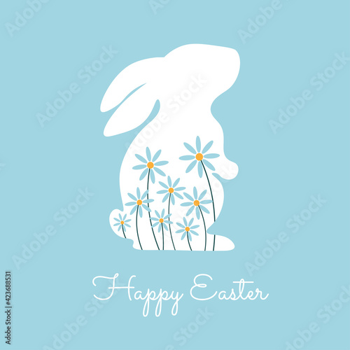 Happy Easter, decorated easter card, banner. Bunnies, Easter eggs, flowers and basket. Folk style patterned design.