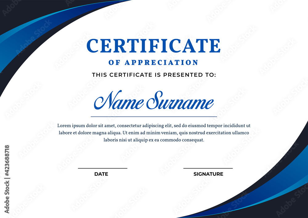 Obraz premium Elegant blue gradient color certificate template, appreciation for business and education.