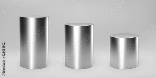 Silver 3d cylinder set front view and levels with perspective isolated on grey background. Cylinder pillar, chrome steel pipe, museum stages, pedestals or product podium. 3d geometric shapes vector