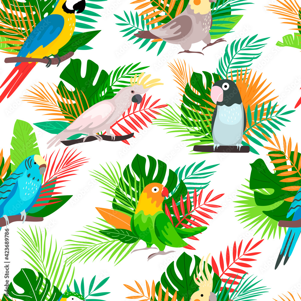 Obraz premium pattern Exotic tropical bird. A large parrot sits on a background of jungle palm leaves. Flat cartoon vector cartoon illustration isolated on white background.
