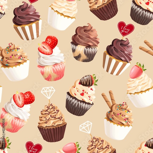 Seamless vector pattern with pastel pink cupcakes