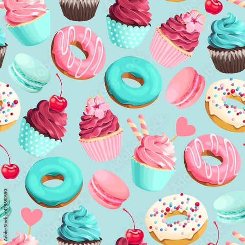 Vector seamless pattern with pink and teal sweets
