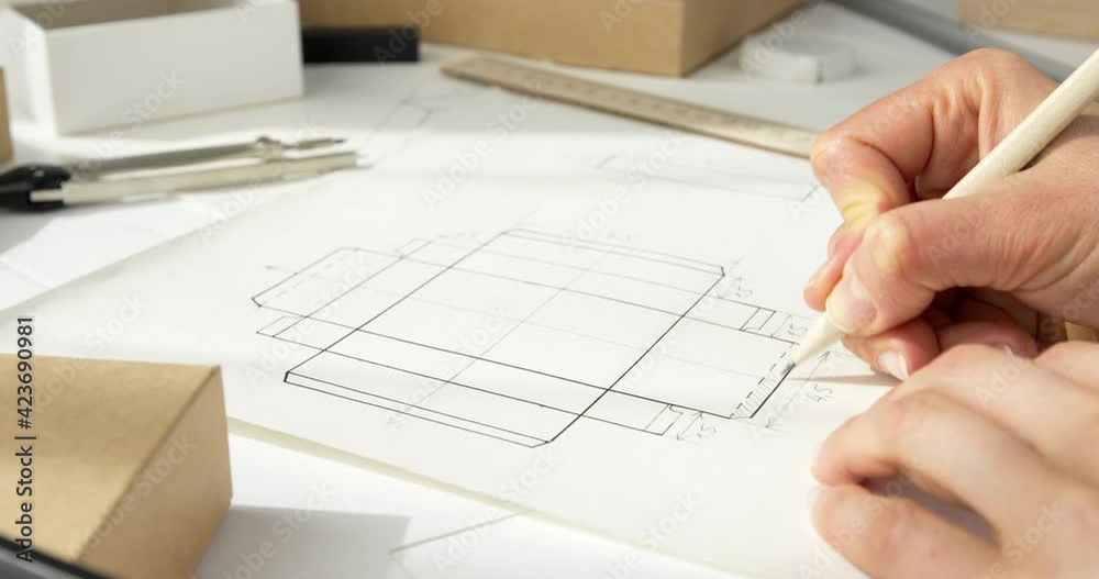 Designer draws a mockup for crafting eco cardboard box. Development a sketch of paper packaging. Designer draws a mockup for crafting eco cardboard box. Development a sketch of paper packaging.