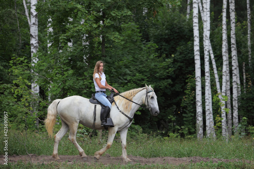Beautiful equestrian cowgirl riding a horse on the summer forest