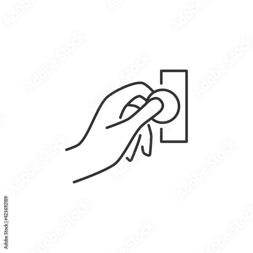 Hand Insert Coin Into the Coin Acceptor Related Vector Line Icon. Sign Isolated on the White Background. Editable Stroke EPS file. Vector illustration.