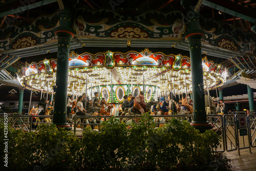 Night Merry go round Carousel ride at Dufan Amusement Park.