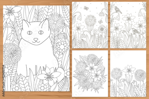 Flowers coloring pages. Cat coloring.  Floral coloring. Adult coloring set.