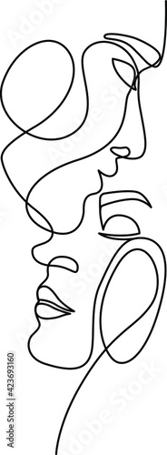 Minimalistic face line art couple man and woman. Male and female. Vector illustration. Black and white. One line drawing.