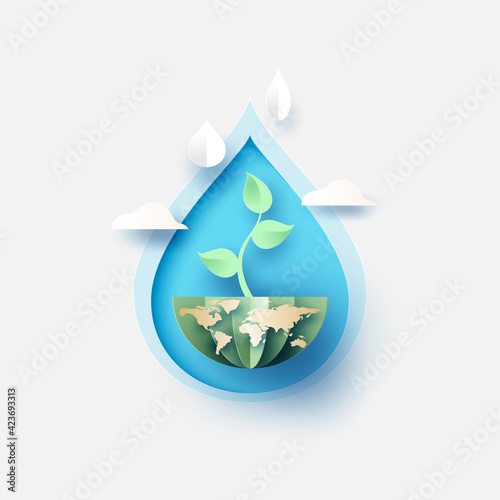 Water drop with growing plant.Paper art of save water for ecology and environment conservation.Vector illustration.