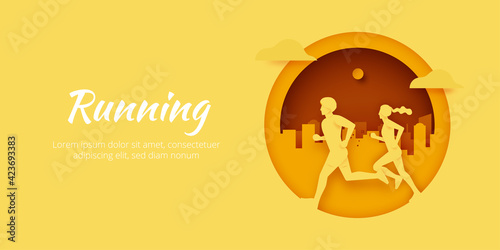 Male and Female running on pathway in city park.Healthy lifestyle, outdoor activity for marathon, city run, training.Paper art vector illustration.
