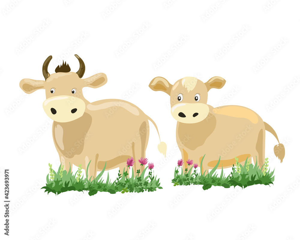 Fototapeta premium Cow and calf in the grass