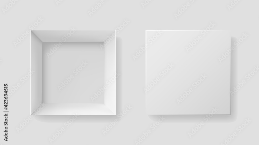 Open and closed box with top view. Mockup of white box for gift, shoebox, christmas and pizza. Square paper package with shadow. Empty cardboard box. 3d realistic mock up for present. Vector
