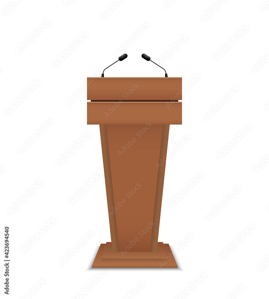 Podium for debate. Rostrum of conference. Wooden pulpit for speech. Tribune with microphone for speaker. Stage and stand. Pedestal for lecture, press on white background. Journalism concept. Vector Podium for debate. Rostrum of conference. Wooden pulpit for speech. Tribune with microphone for speaker. Stage and stand. Pedestal for lecture, press on white background. Journalism concept. Vector