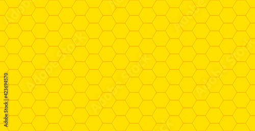 Honey comb. Honeycomb pattern. Yellow background for bee. Honey comb texture for beehive. Wallpaper of yellow hexagon. Design of beeswax background. Gold seamless pattern. Natural label. Vector