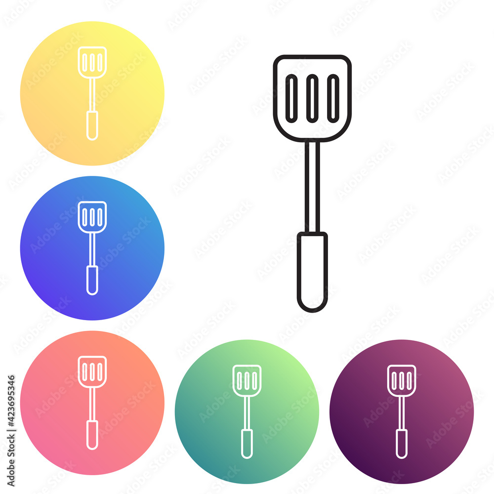 Black line Spatula icon isolated on white background. Kitchen spatula icon. BBQ spatula sign. Barbecue and grill tool. Set icons colorful circle buttons. Vector Illustration Black line Spatula icon isolated on white background. Kitchen spatula icon. BBQ spatula sign. Barbecue and grill tool. Set icons colorful circle buttons. Vector Illustration