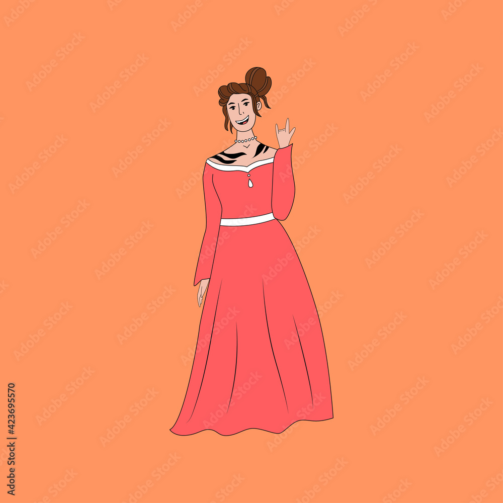 Happy smiling woman in red dress standing and showing rock sign vector flat cartoon illustration. Happy smiling woman in red dress standing and showing rock sign vector flat cartoon illustration.