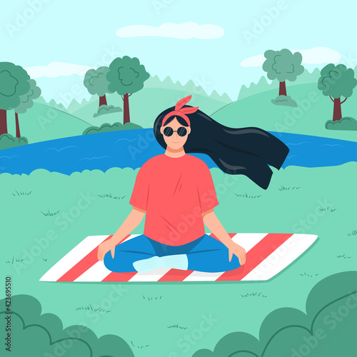 Woman in sunglasses meditating outdoor in forest or city park vector flat cartoon illustration.