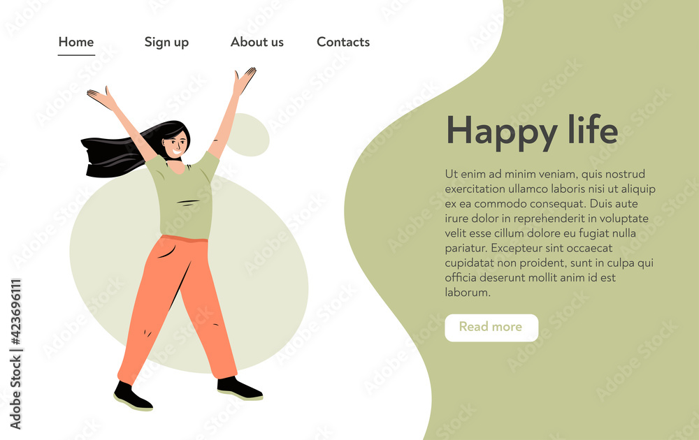 Happy smiling woman in casual clothes standing with rising hands vector flat cartoon landing page template.