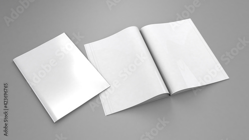 Open magazine mockup. Blank magazine template for copy space. Empty space in cover. Grey background. 3d render