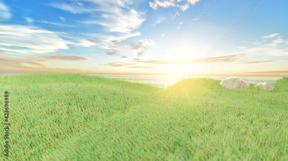 Green grass field on small hills and blue sky with sunrise morning clouds in sea view. 3d rendering