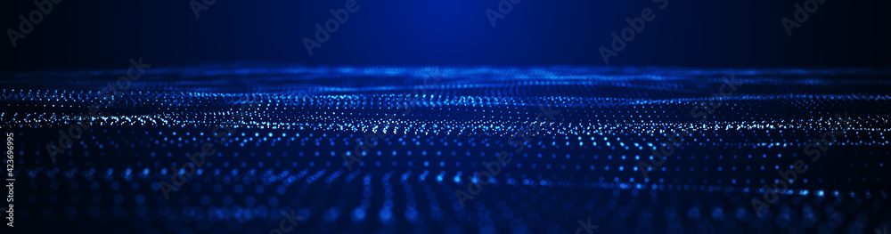 Digital wave background with moving glowing particles. Futuristic hi-tech illustration. Concept of data transfer in cyberspace. Big data visualization. 3d rendering. Digital wave background with moving glowing particles. Futuristic hi-tech illustration. Concept of data transfer in cyberspace. Big data visualization. 3d rendering.