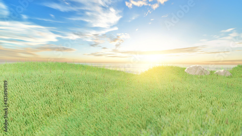 Green grass field on small hills and blue sky with sunrise morning clouds in sea view. 3d rendering