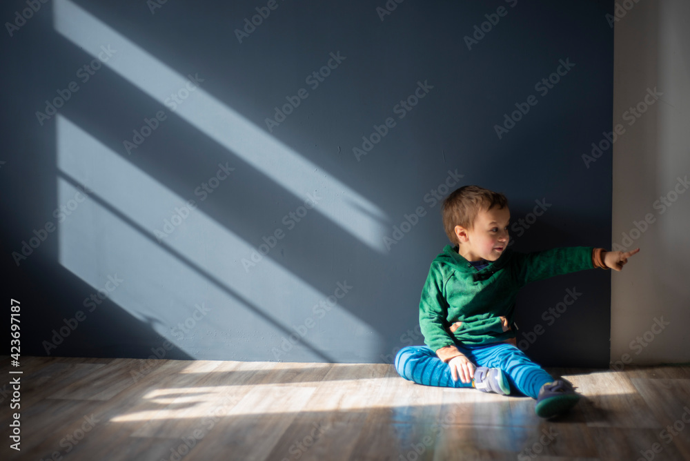 Naklejka premium a little boy of three years old sits in the sunlight, a place for text, selective focus