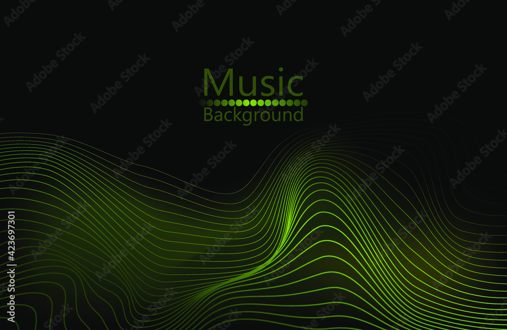 Light green wave on a dark background with shine.Imitation of a sound ...