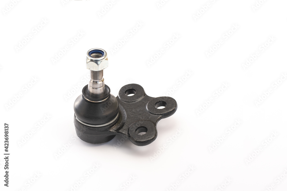 New car ball joint on white background. The node connecting the wheel hub and the suspension arm. Isolated. Selective focus. New car ball joint on white background. The node connecting the wheel hub and the suspension arm. Isolated. Selective focus.