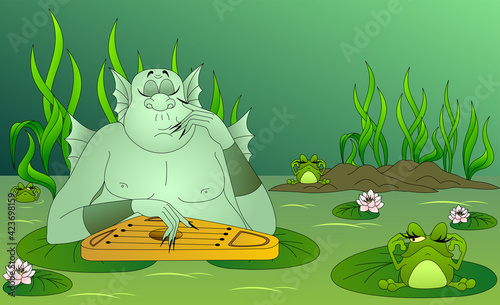 Waterman plays the harp among the swamps. He plays the instrument very badly