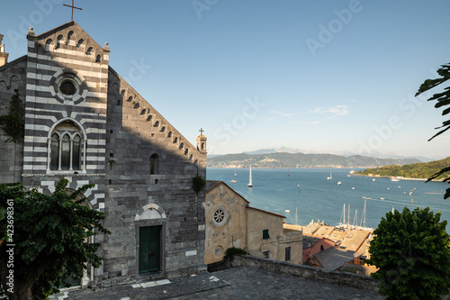 Porto Venere Liguria. June 2020. View from the church of San Lorenzo on the enchanting bay. Beautiful summer day.