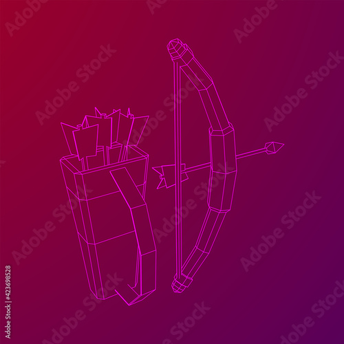 Medieval Bow and arrow archer weapon. Wireframe low poly mesh