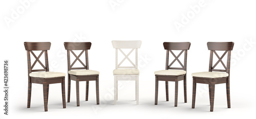 The concept of social inequality. Among the black chairs there is one white isolated on a white background. Oppression. 3d illustration