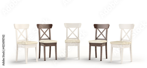 The concept of social equality. White and black chairs isolated on white background. 3d illustration