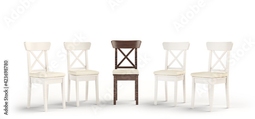 The concept of social inequality. Among the white chairs there is one black isolated on a white background. Oppression. 3d illustration