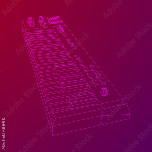 Piano roll analog synthesizer faders buttons knobs. Wireframe low poly mesh