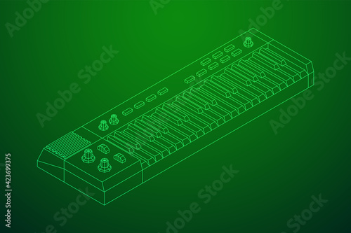 Piano roll analog synthesizer faders buttons knobs. Wireframe low poly mesh