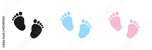Set of vector illustrations of baby steps - pairs of black, pink and blue footprints in a flat styl