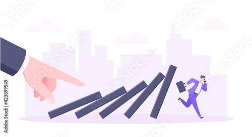 Domino effect or business cowardice metaphor vector illustration concept. Adult young businesswoman run away from hand falling domino line business concept problem solving and danger chain reaction.