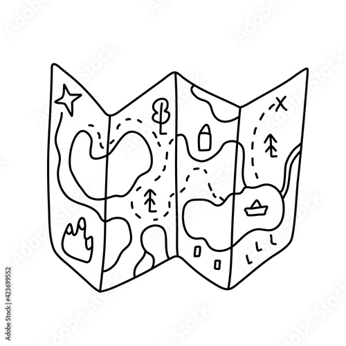 Paper folding tourist road map. Hand drawn vector illustration   in doodle style on white background. Isolated black outline.  Camping, hiking and tourism equipment.