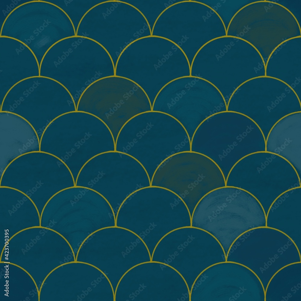 Blue and teal fish scales tile illustration. Retro 60s style pattern of marine colors geometric waves.