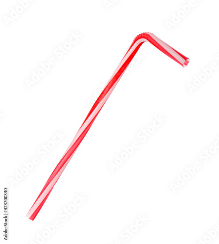 Red striped plastic straw for drink isolated on white