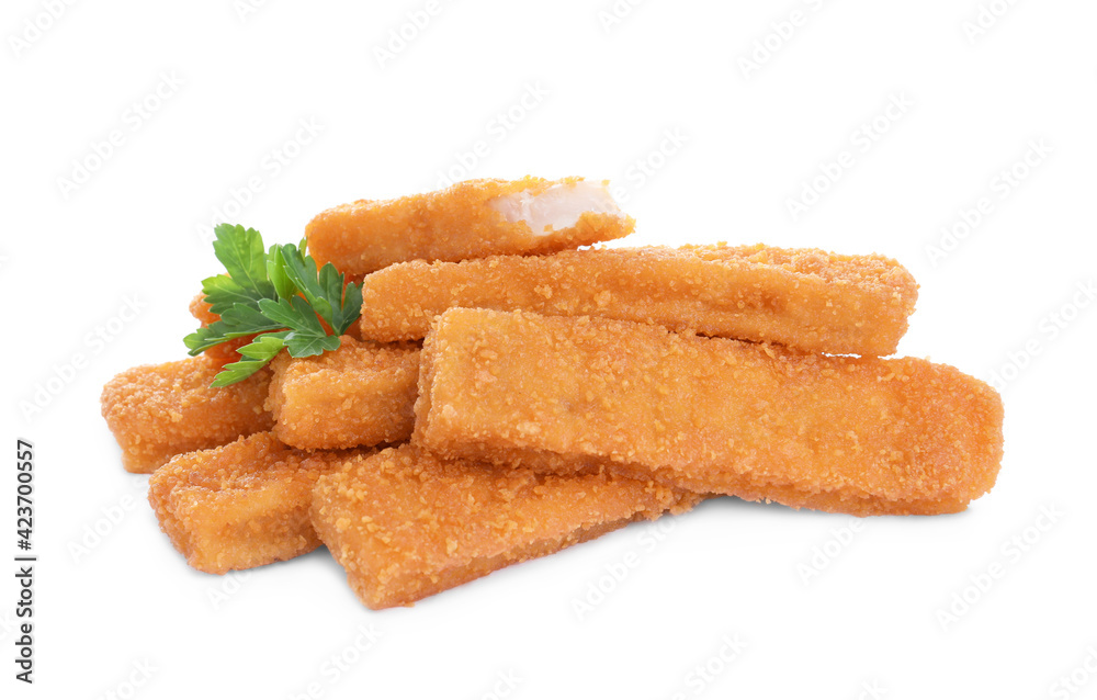 Fresh breaded fish fingers with parsley on white background Fresh breaded fish fingers with parsley on white background