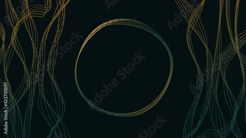 A round frame of yellow-green rotating curved lines is set against a dark background. Abstract background for banner. Copy space.