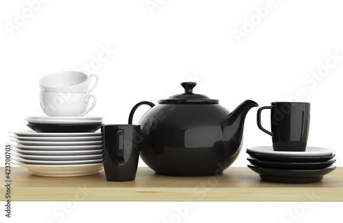 Crockery stands on a wooden shelf on a white background. 3d illustration