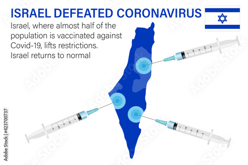 Israel defeated coronavirus. Illustration of vaccine and Israel map