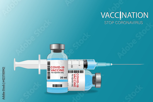 Vaccine ampoule with syringe. Covid-19 coronavirus vaccination concept