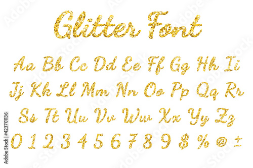 Gold sparkling glitter font in white background. Vector